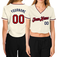 Load image into Gallery viewer, Custom Women's Cream Red-Navy V-Neck Cropped Baseball Jersey