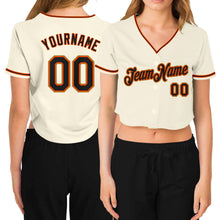 Load image into Gallery viewer, Custom Women's Cream Black Orange-Old Gold V-Neck Cropped Baseball Jersey