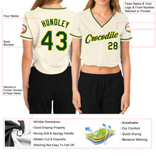 Load image into Gallery viewer, Custom Women's Cream Green-Gold V-Neck Cropped Baseball Jersey