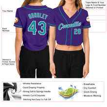 Load image into Gallery viewer, Custom Women's Purple Aqua-White V-Neck Cropped Baseball Jersey