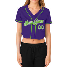 Load image into Gallery viewer, Custom Women's Purple Neon Green-White V-Neck Cropped Baseball Jersey