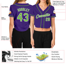 Load image into Gallery viewer, Custom Women's Purple Neon Green-White V-Neck Cropped Baseball Jersey