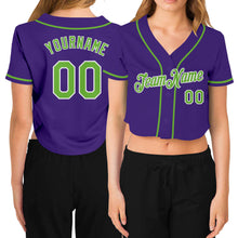 Load image into Gallery viewer, Custom Women's Purple Neon Green-White V-Neck Cropped Baseball Jersey
