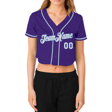 Load image into Gallery viewer, Custom Women's Purple White-Light Blue V-Neck Cropped Baseball Jersey