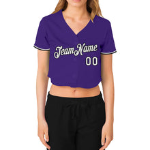 Load image into Gallery viewer, Custom Women's Purple White-Black V-Neck Cropped Baseball Jersey