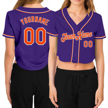 Load image into Gallery viewer, Custom Women's Purple Orange-White V-Neck Cropped Baseball Jersey