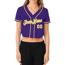 Load image into Gallery viewer, Custom Women's Purple White-Gold V-Neck Cropped Baseball Jersey