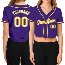 Load image into Gallery viewer, Custom Women's Purple White-Gold V-Neck Cropped Baseball Jersey