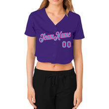 Load image into Gallery viewer, Custom Women's Purple Light Blue-Pink V-Neck Cropped Baseball Jersey