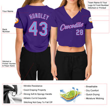 Load image into Gallery viewer, Custom Women's Purple Light Blue-Pink V-Neck Cropped Baseball Jersey