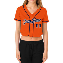 Load image into Gallery viewer, Custom Women's Orange Navy-White V-Neck Cropped Baseball Jersey