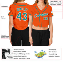 Load image into Gallery viewer, Custom Women's Orange Aqua-White V-Neck Cropped Baseball Jersey