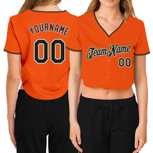 Load image into Gallery viewer, Custom Women's Orange Black Old Gold-White V-Neck Cropped Baseball Jersey