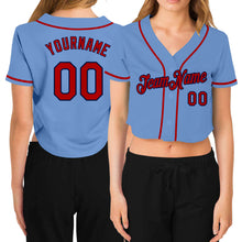 Load image into Gallery viewer, Custom Women's Light Blue Red-Navy V-Neck Cropped Baseball Jersey