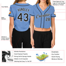 Load image into Gallery viewer, Custom Women's Light Blue Black-White V-Neck Cropped Baseball Jersey