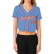 Load image into Gallery viewer, Custom Women's Light Blue White-Red V-Neck Cropped Baseball Jersey