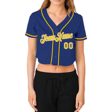 Load image into Gallery viewer, Custom Women's Royal Gold-White V-Neck Cropped Baseball Jersey