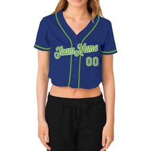 Load image into Gallery viewer, Custom Women's Royal Neon Green-White V-Neck Cropped Baseball Jersey