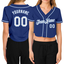 Load image into Gallery viewer, Custom Women's Royal White-Light Blue V-Neck Cropped Baseball Jersey