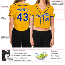 Load image into Gallery viewer, Custom Women's Gold Royal-White V-Neck Cropped Baseball Jersey