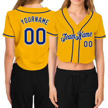 Load image into Gallery viewer, Custom Women's Gold Royal-White V-Neck Cropped Baseball Jersey