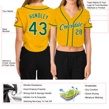 Load image into Gallery viewer, Custom Women's Gold Kelly Green-White V-Neck Cropped Baseball Jersey