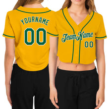 Load image into Gallery viewer, Custom Women's Gold Kelly Green-White V-Neck Cropped Baseball Jersey
