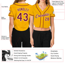 Load image into Gallery viewer, Custom Women's Gold Crimson-White V-Neck Cropped Baseball Jersey