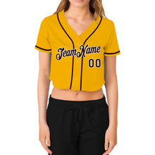Load image into Gallery viewer, Custom Women's Gold Brown-White V-Neck Cropped Baseball Jersey