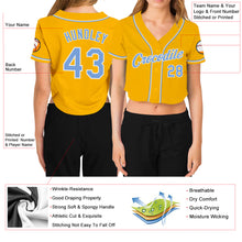 Load image into Gallery viewer, Custom Women's Gold Light Blue-White V-Neck Cropped Baseball Jersey