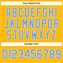 Load image into Gallery viewer, Custom Women's Gold Light Blue-White V-Neck Cropped Baseball Jersey