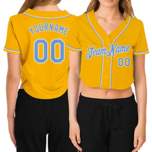 Load image into Gallery viewer, Custom Women's Gold Light Blue-White V-Neck Cropped Baseball Jersey