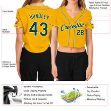 Load image into Gallery viewer, Custom Women's Gold Green-White V-Neck Cropped Baseball Jersey