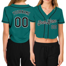 Load image into Gallery viewer, Custom Women's Aqua Black-White V-Neck Cropped Baseball Jersey