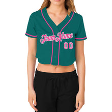 Load image into Gallery viewer, Custom Women's Aqua Pink-White V-Neck Cropped Baseball Jersey