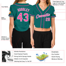 Load image into Gallery viewer, Custom Women's Aqua Pink-White V-Neck Cropped Baseball Jersey