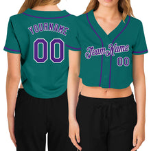 Load image into Gallery viewer, Custom Women's Aqua Purple-White V-Neck Cropped Baseball Jersey