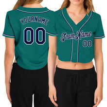 Load image into Gallery viewer, Custom Women's Aqua Navy-White V-Neck Cropped Baseball Jersey