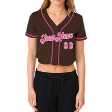 Load image into Gallery viewer, Custom Women's Brown Pink-White V-Neck Cropped Baseball Jersey