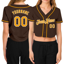 Load image into Gallery viewer, Custom Women's Brown Gold-White V-Neck Cropped Baseball Jersey