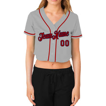 Load image into Gallery viewer, Custom Women's Gray Red-Navy V-Neck Cropped Baseball Jersey