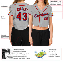 Load image into Gallery viewer, Custom Women's Gray Red-Navy V-Neck Cropped Baseball Jersey