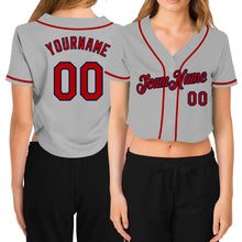 Load image into Gallery viewer, Custom Women's Gray Red-Navy V-Neck Cropped Baseball Jersey