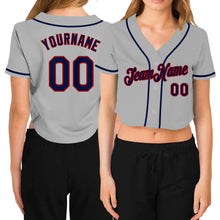 Load image into Gallery viewer, Custom Women's Gray Navy-Red V-Neck Cropped Baseball Jersey
