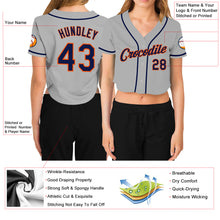 Load image into Gallery viewer, Custom Women's Gray Navy-Orange V-Neck Cropped Baseball Jersey