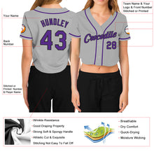 Load image into Gallery viewer, Custom Women's Gray Purple-Black V-Neck Cropped Baseball Jersey