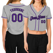 Load image into Gallery viewer, Custom Women's Gray Purple-Black V-Neck Cropped Baseball Jersey