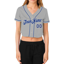 Load image into Gallery viewer, Custom Women's Gray Royal-White V-Neck Cropped Baseball Jersey