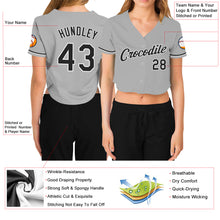 Load image into Gallery viewer, Custom Women's Gray Black-White V-Neck Cropped Baseball Jersey