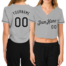 Load image into Gallery viewer, Custom Women's Gray Black-White V-Neck Cropped Baseball Jersey